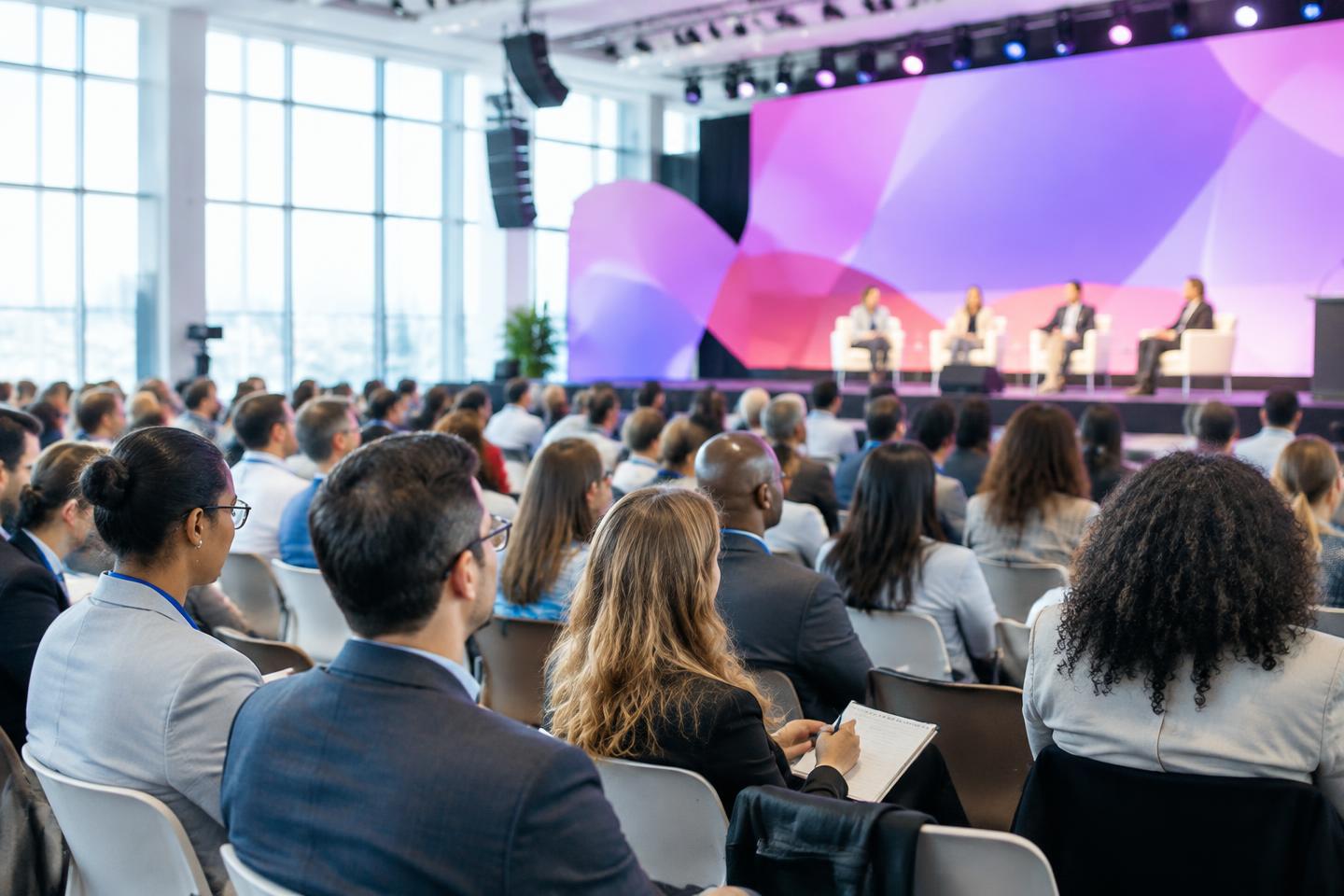 Illustrative gathering of professionals at a modern conference
